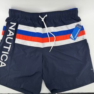 Nautica Swim Trunks Mens Large Navy Blue Colorblock Stripe Performance NWT